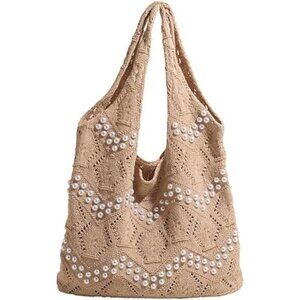 Boho Crochet Beach Tote with White Bead Inlay